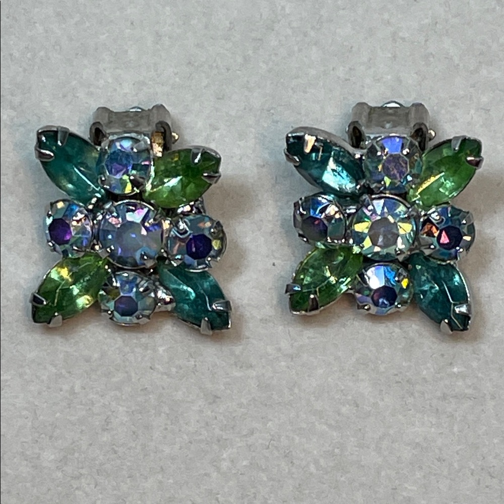 WEISS Blue Green Aurora Clip On Crystal Earrings